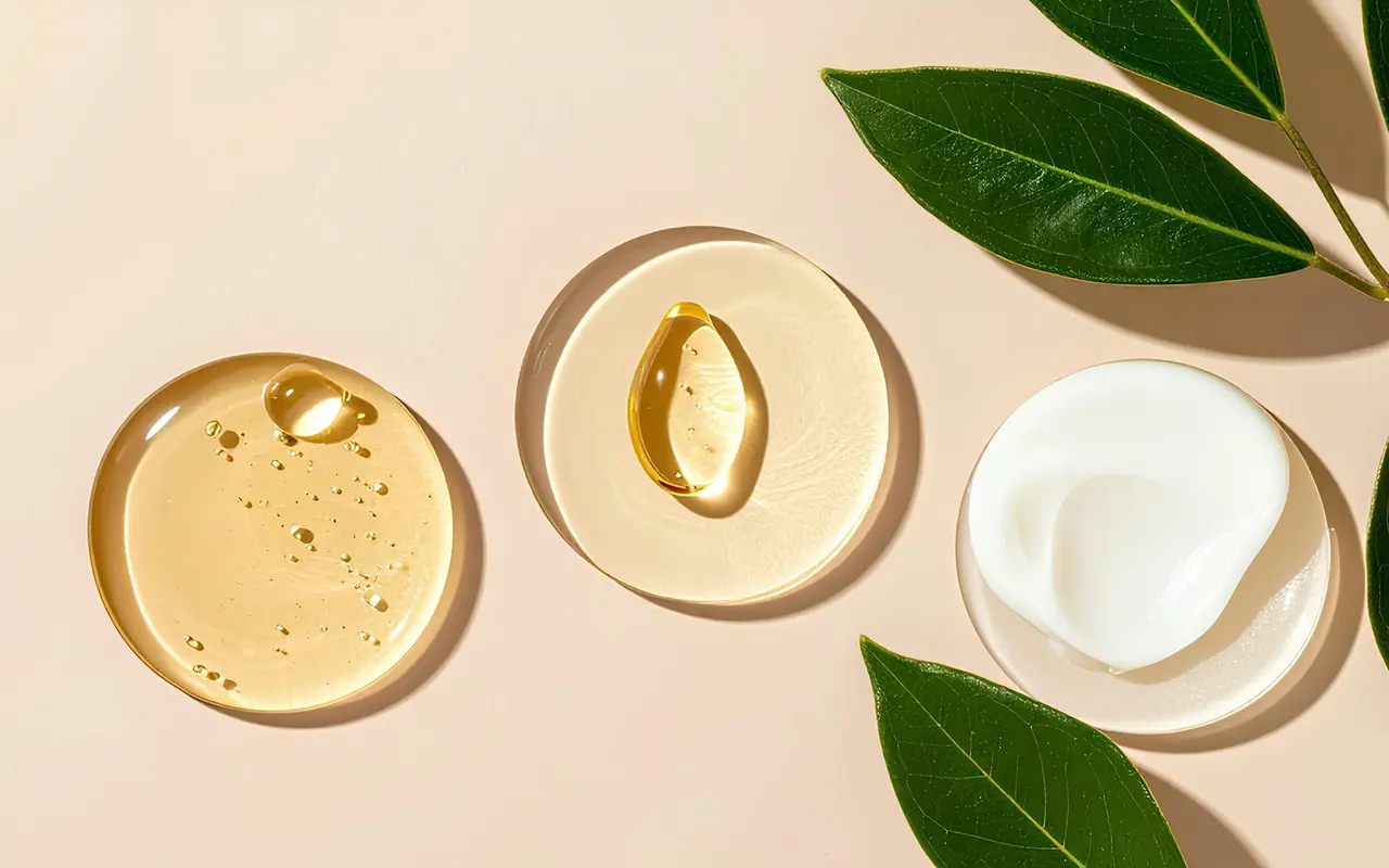 Dishes of clear gel, amber gel and white cream beside green leaves