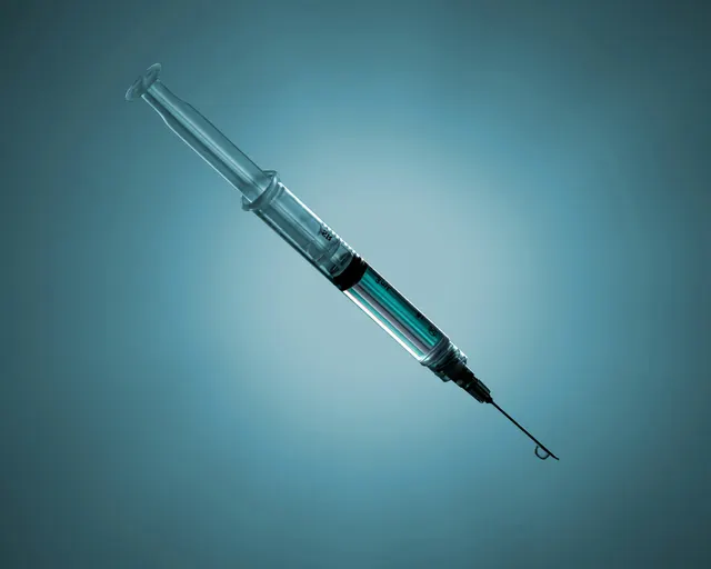 A syringe of clear liquid with a droplet at the needle tip